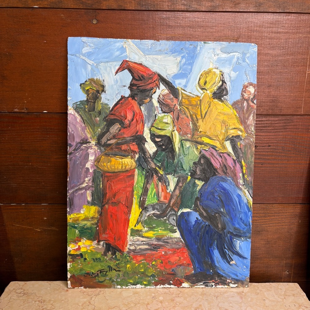 Vintage Original Artist Signed Painting of Gathering of Women Oil on Board